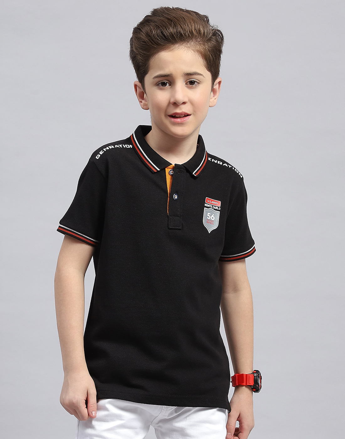 Boys Black Printed Polo Collar Half Sleeve T-Shirt