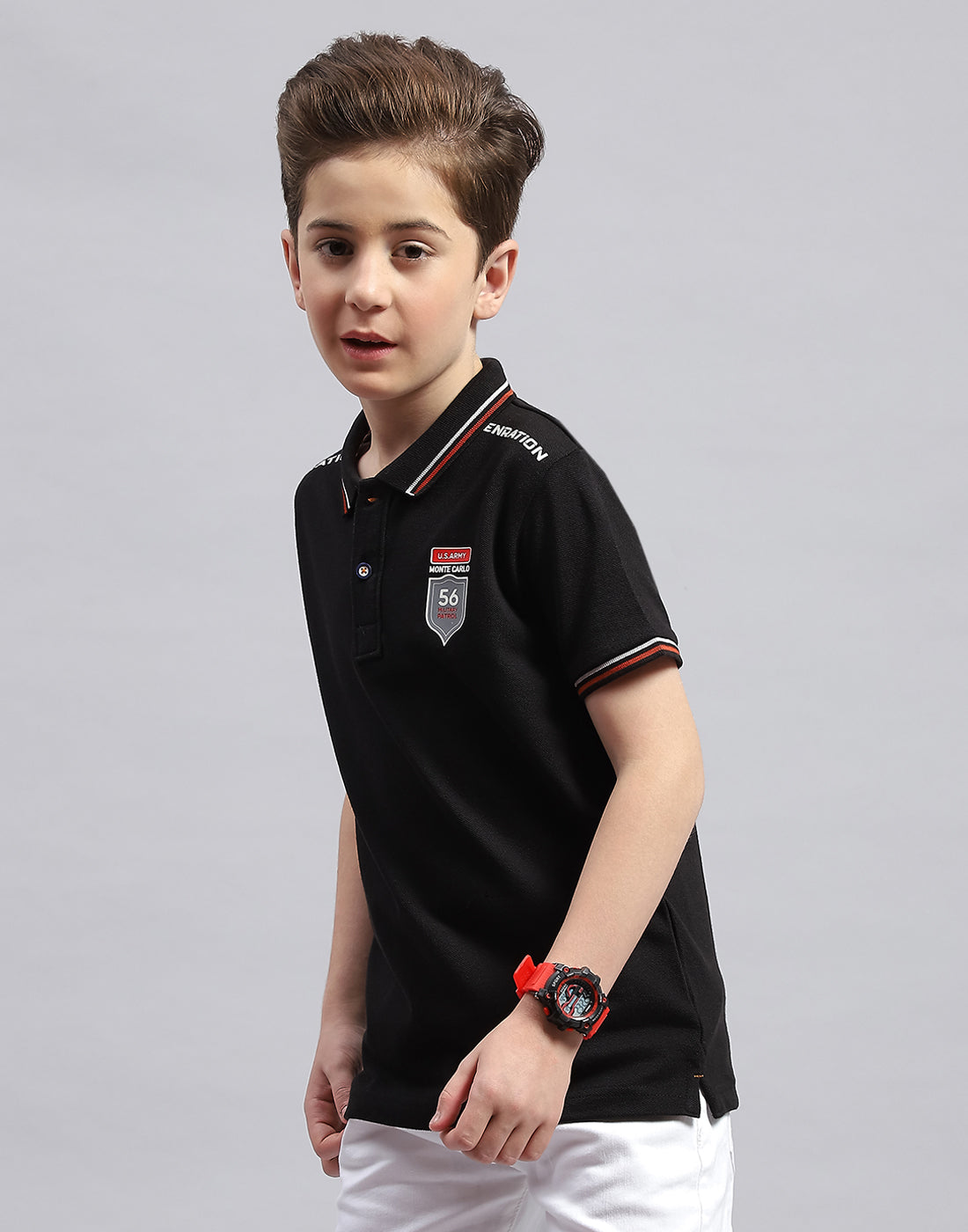 Boys Black Printed Polo Collar Half Sleeve T-Shirt