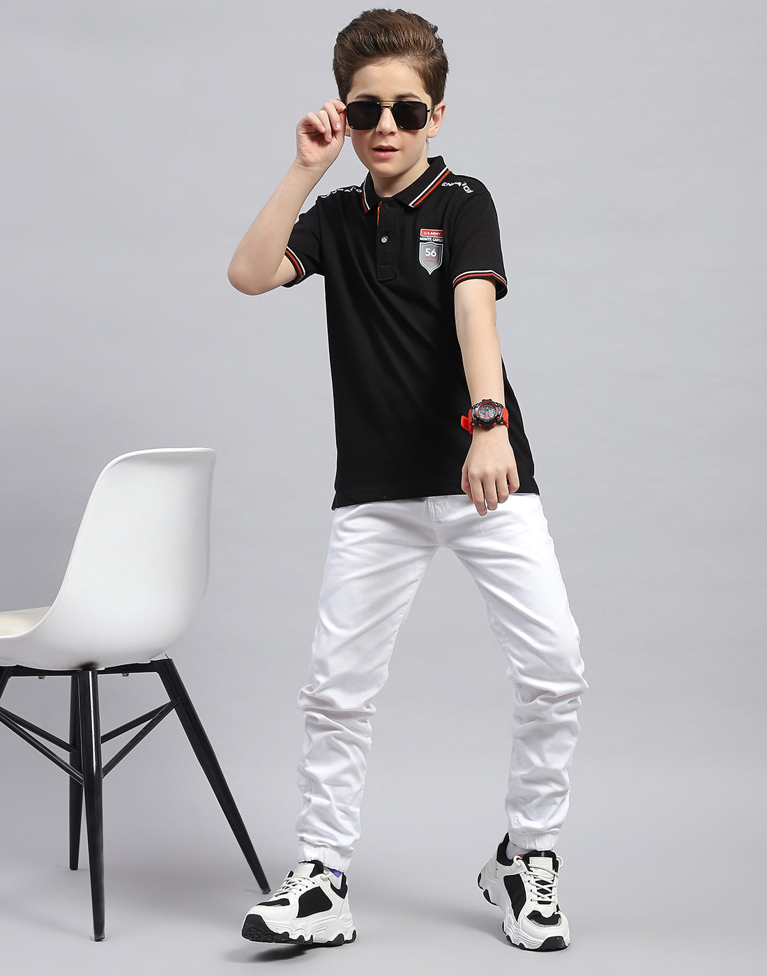 Boys Black Printed Polo Collar Half Sleeve T-Shirt
