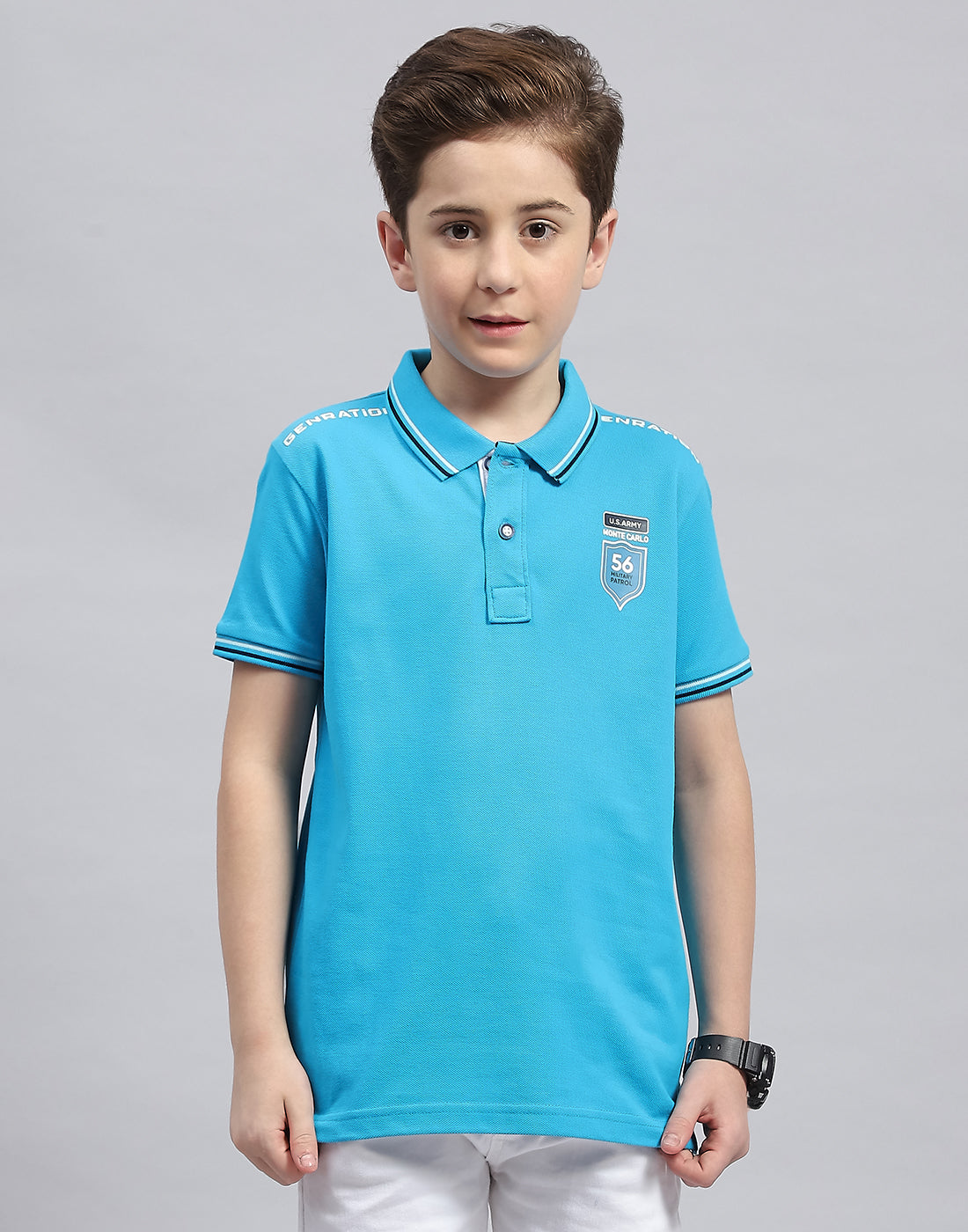 Boys Turquoise Blue Printed Polo Collar Half Sleeve T-Shirt