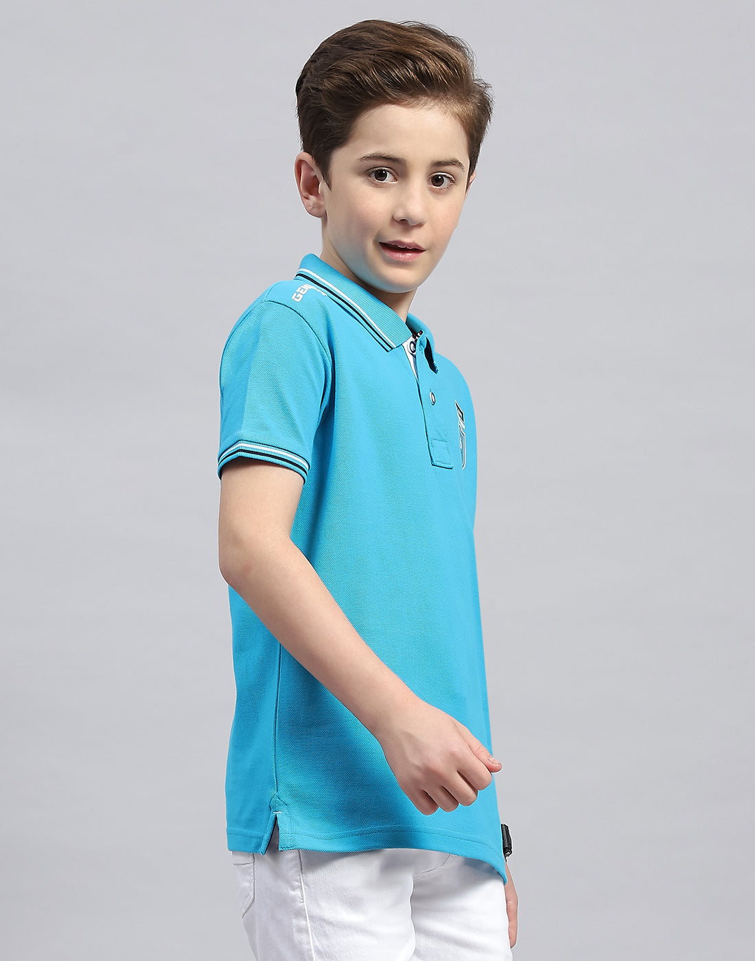 Boys Turquoise Blue Printed Polo Collar Half Sleeve T-Shirt