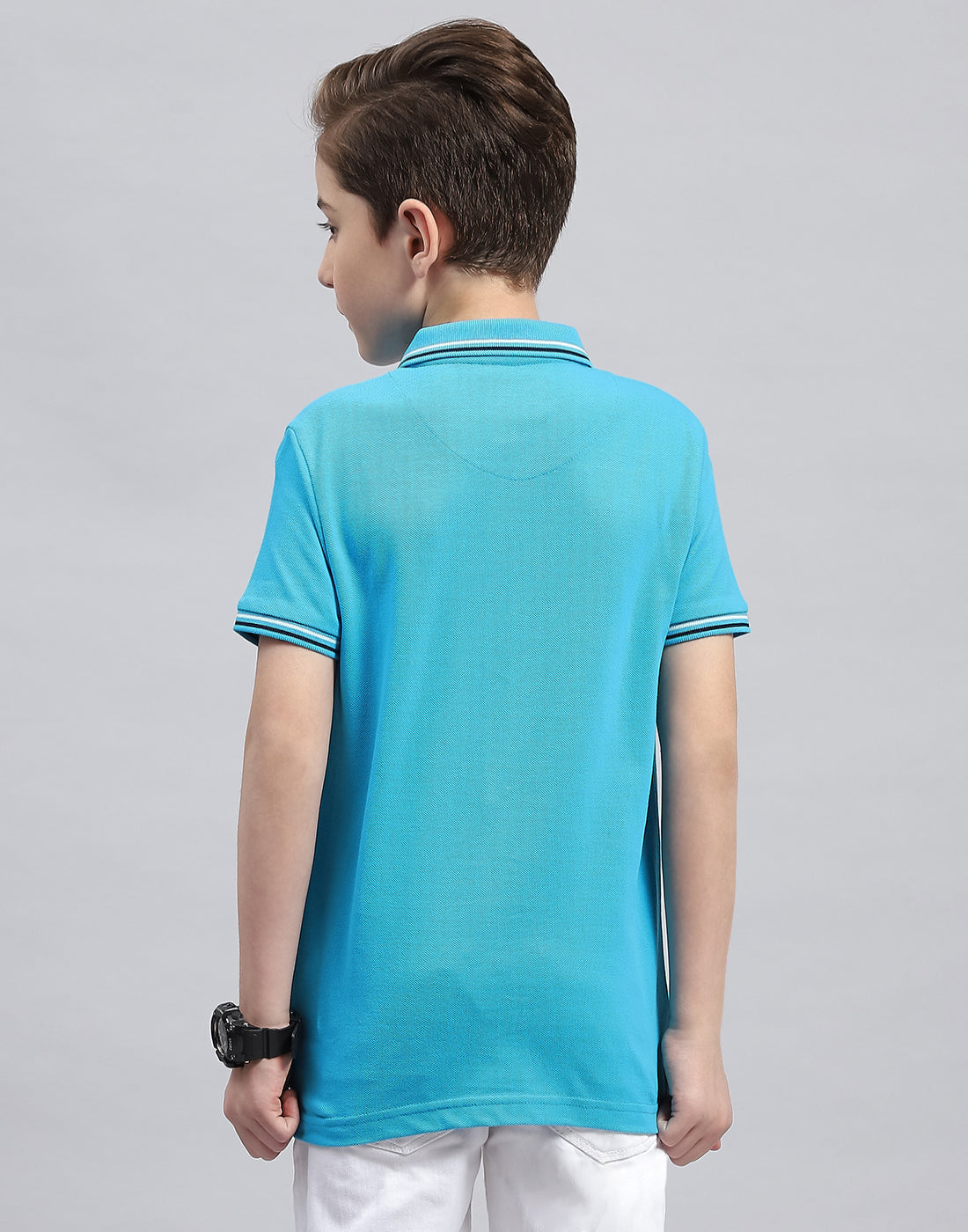 Boys Turquoise Blue Printed Polo Collar Half Sleeve T-Shirt
