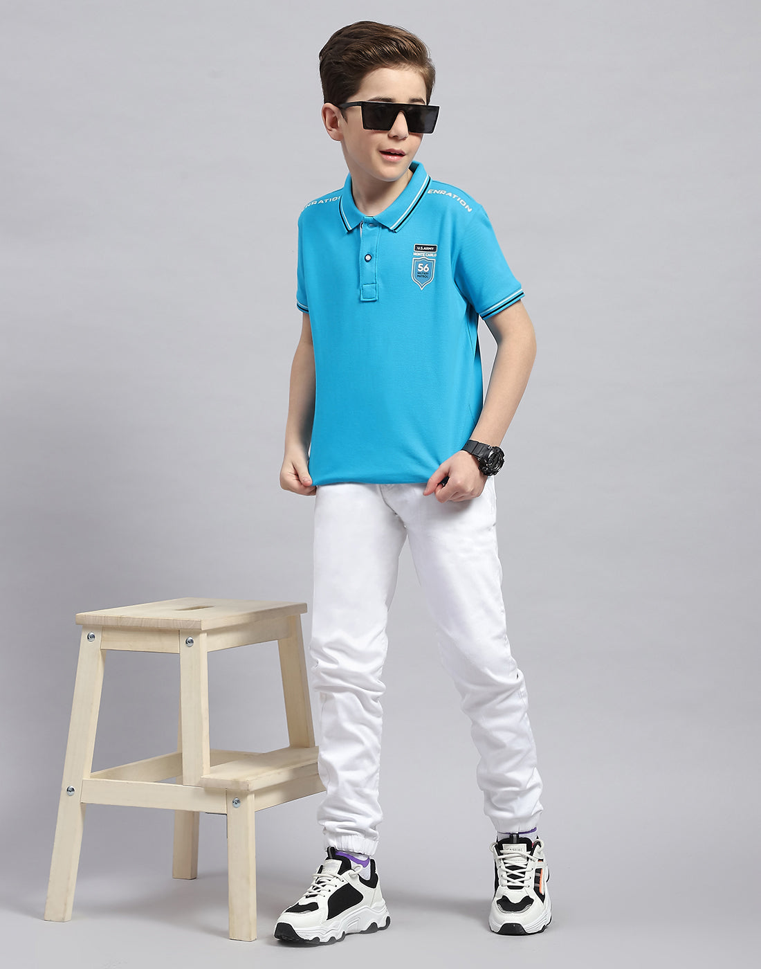 Boys Turquoise Blue Printed Polo Collar Half Sleeve T-Shirt