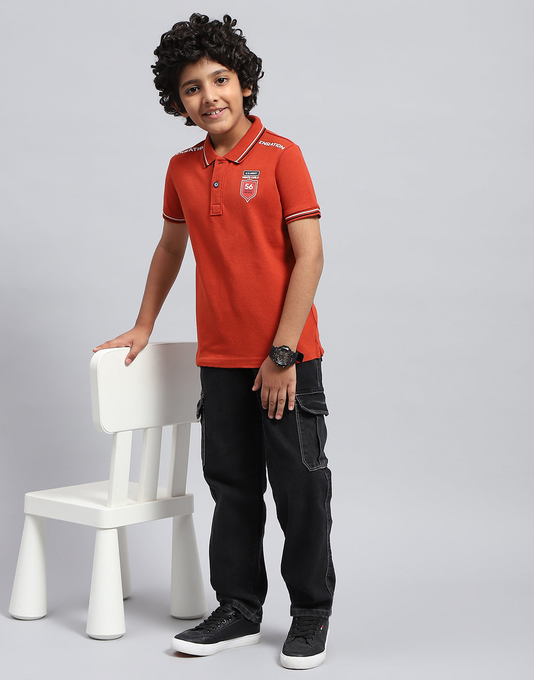 Boys Orange Solid Polo Collar Half Sleeve T-Shirt