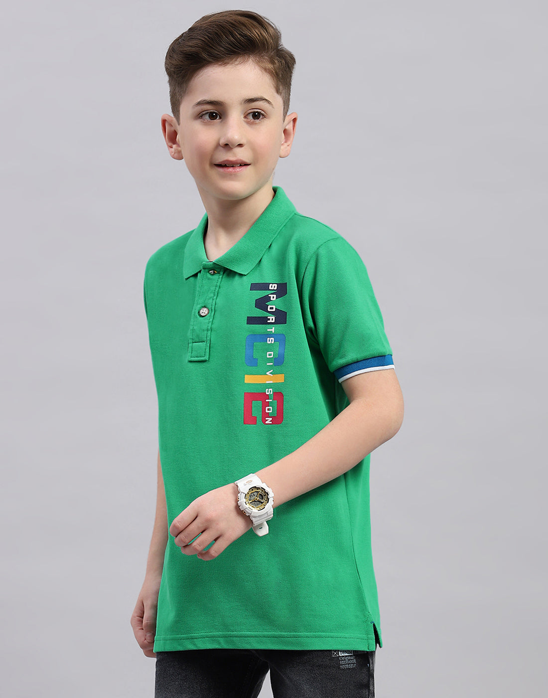 Boys Green Printed Polo Collar Half Sleeve T-Shirt