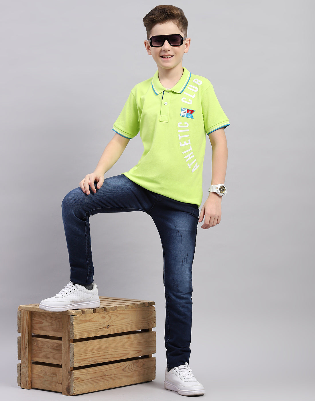 Boys Fluorescent Green Printed Polo Collar Half Sleeve T-Shirt