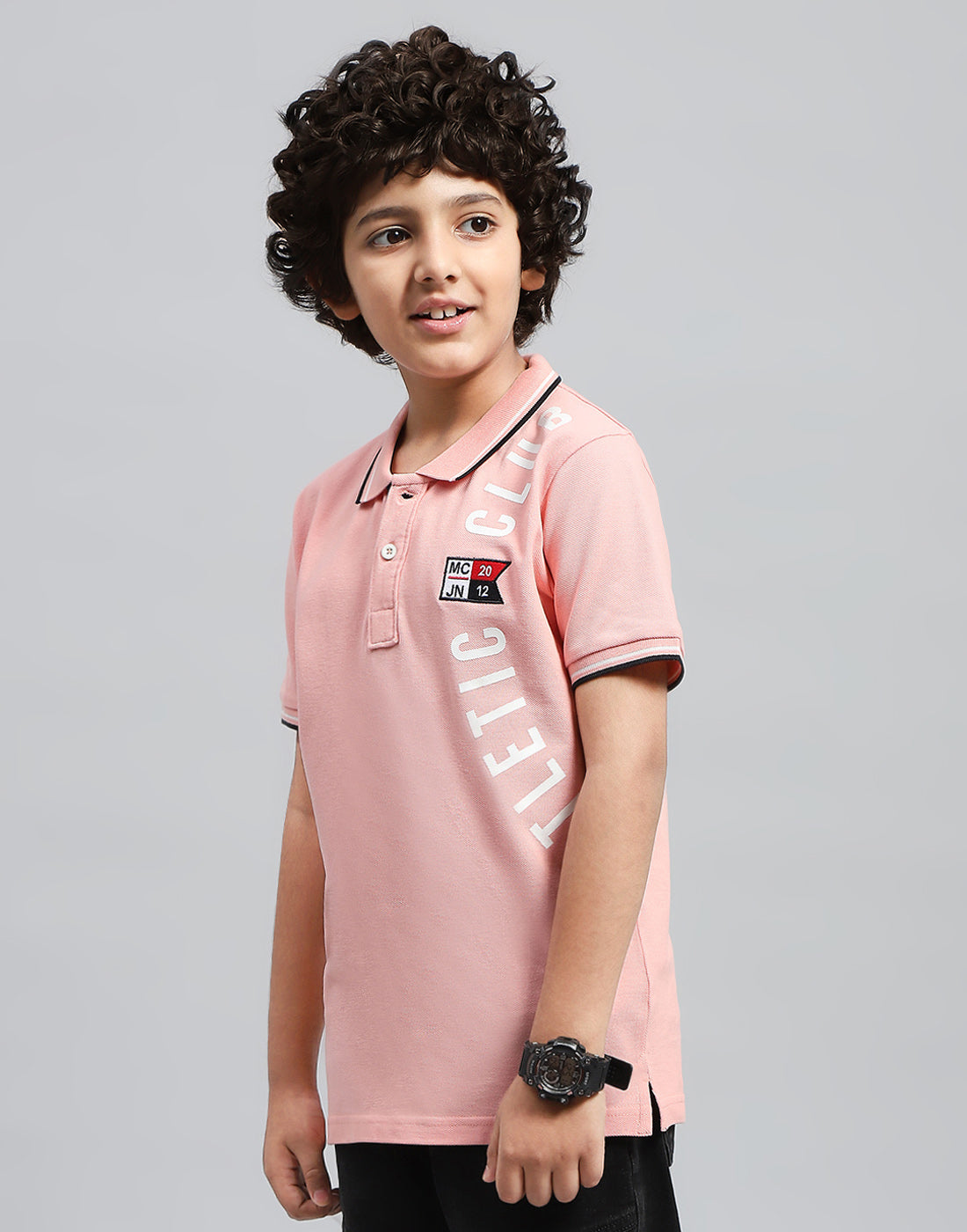 Boys Pink Printed Polo Collar Half Sleeve T-Shirt