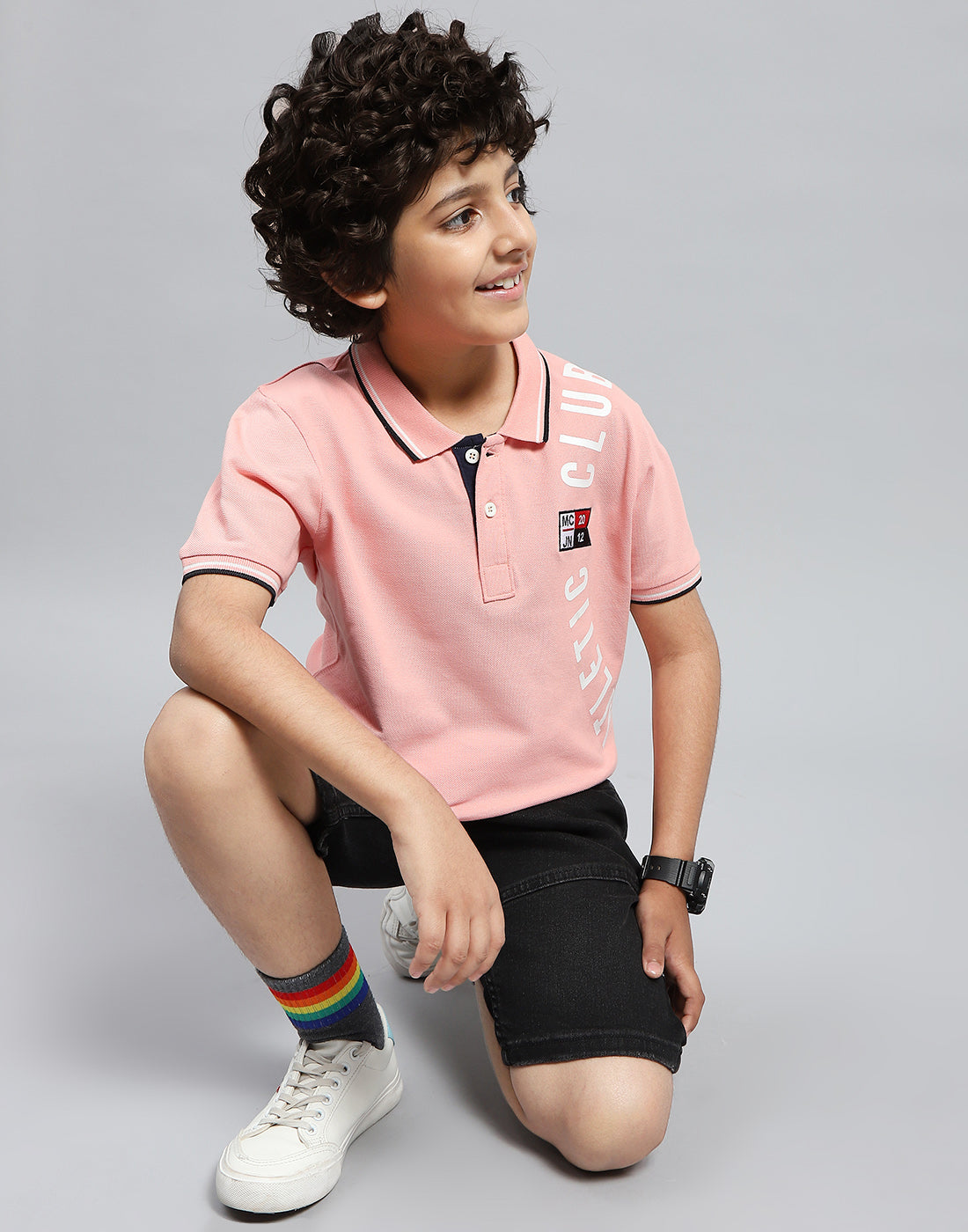 Boys Pink Printed Polo Collar Half Sleeve T-Shirt