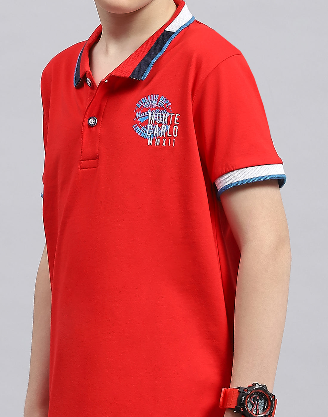 Boys Red Printed Polo Collar Half Sleeve T-Shirt