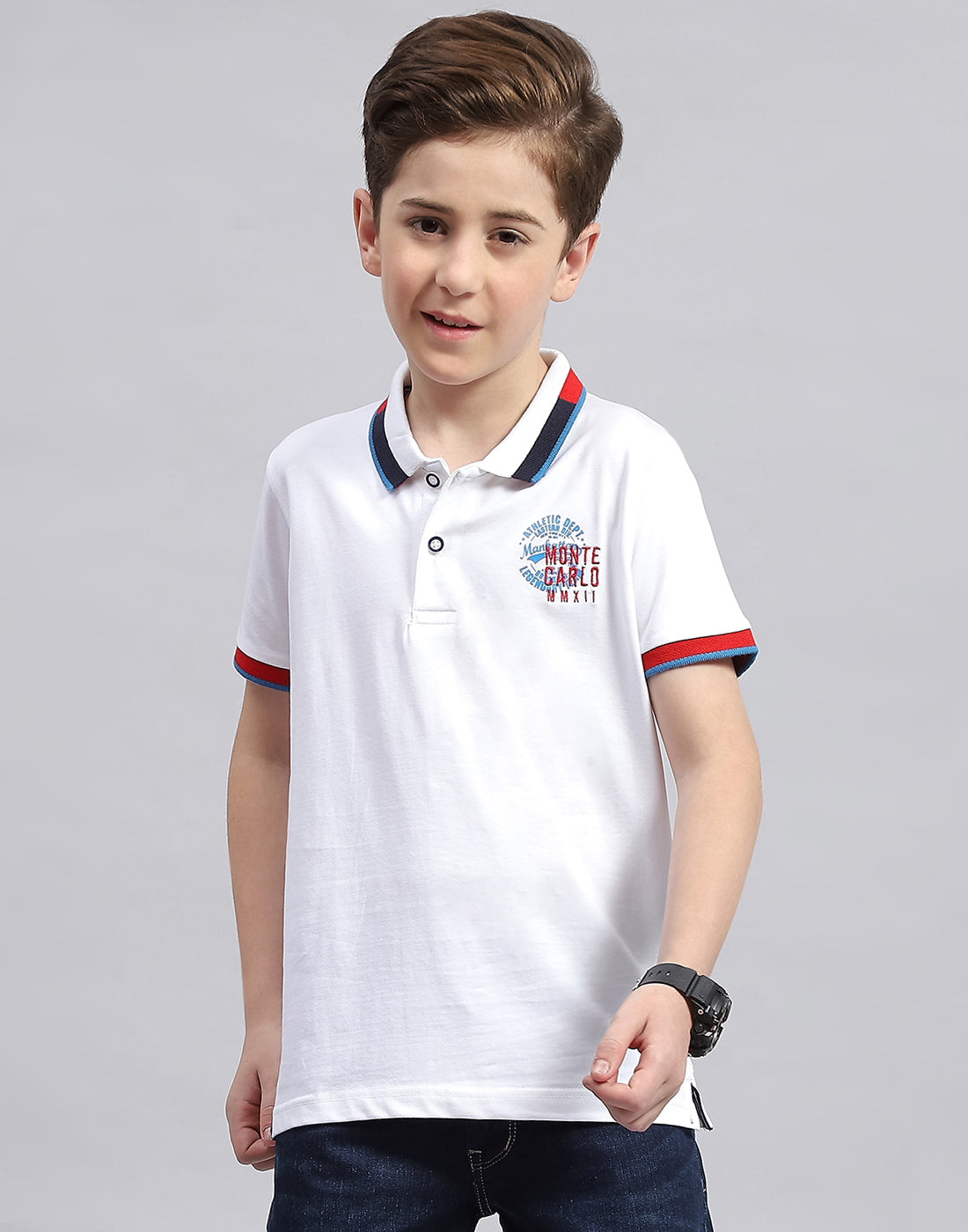 Boys White Printed Polo Collar Half Sleeve T-Shirt