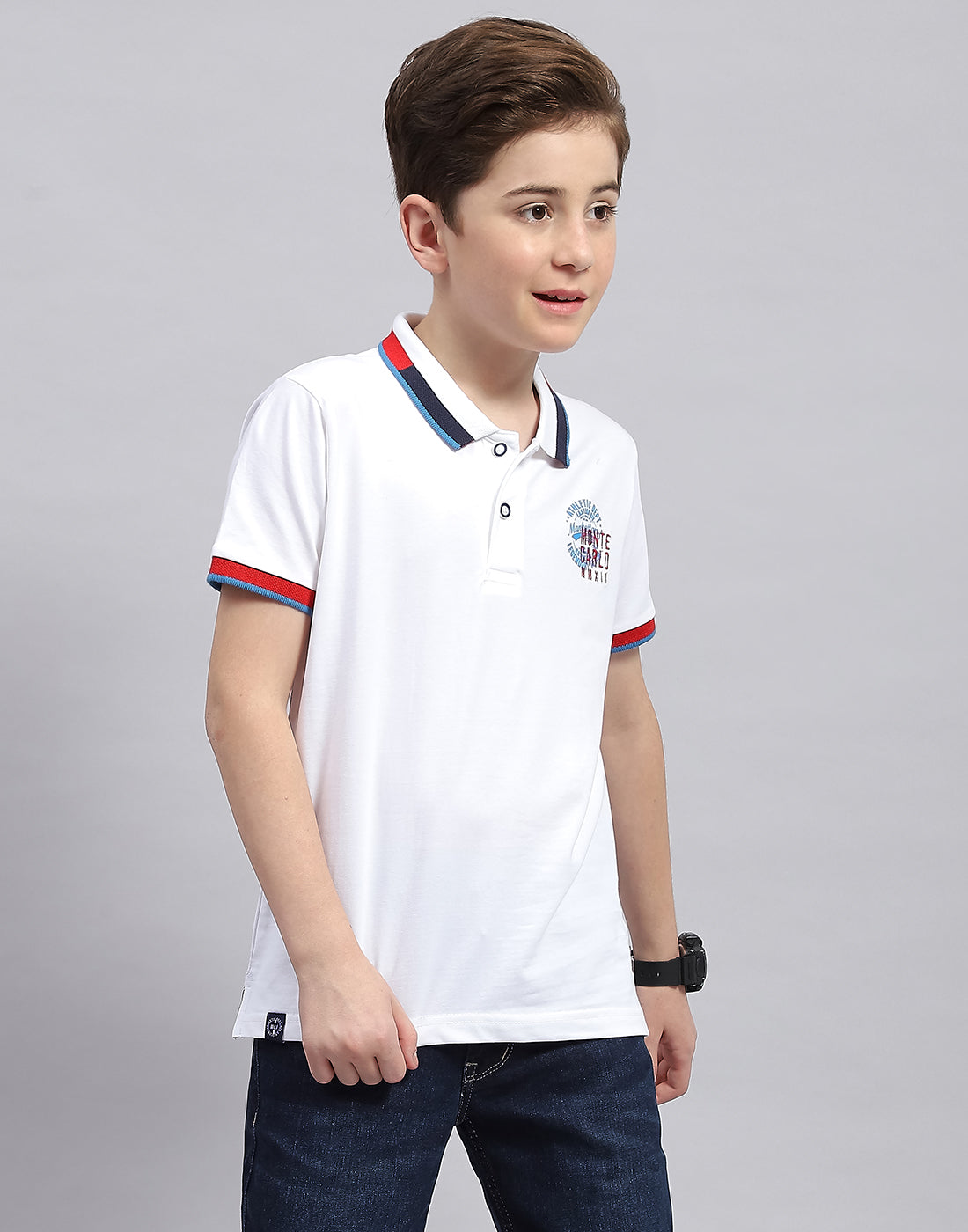 Boys White Printed Polo Collar Half Sleeve T-Shirt