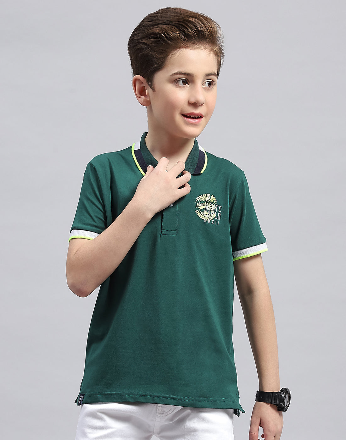 Boys Green Printed Polo Collar Half Sleeve T-Shirt