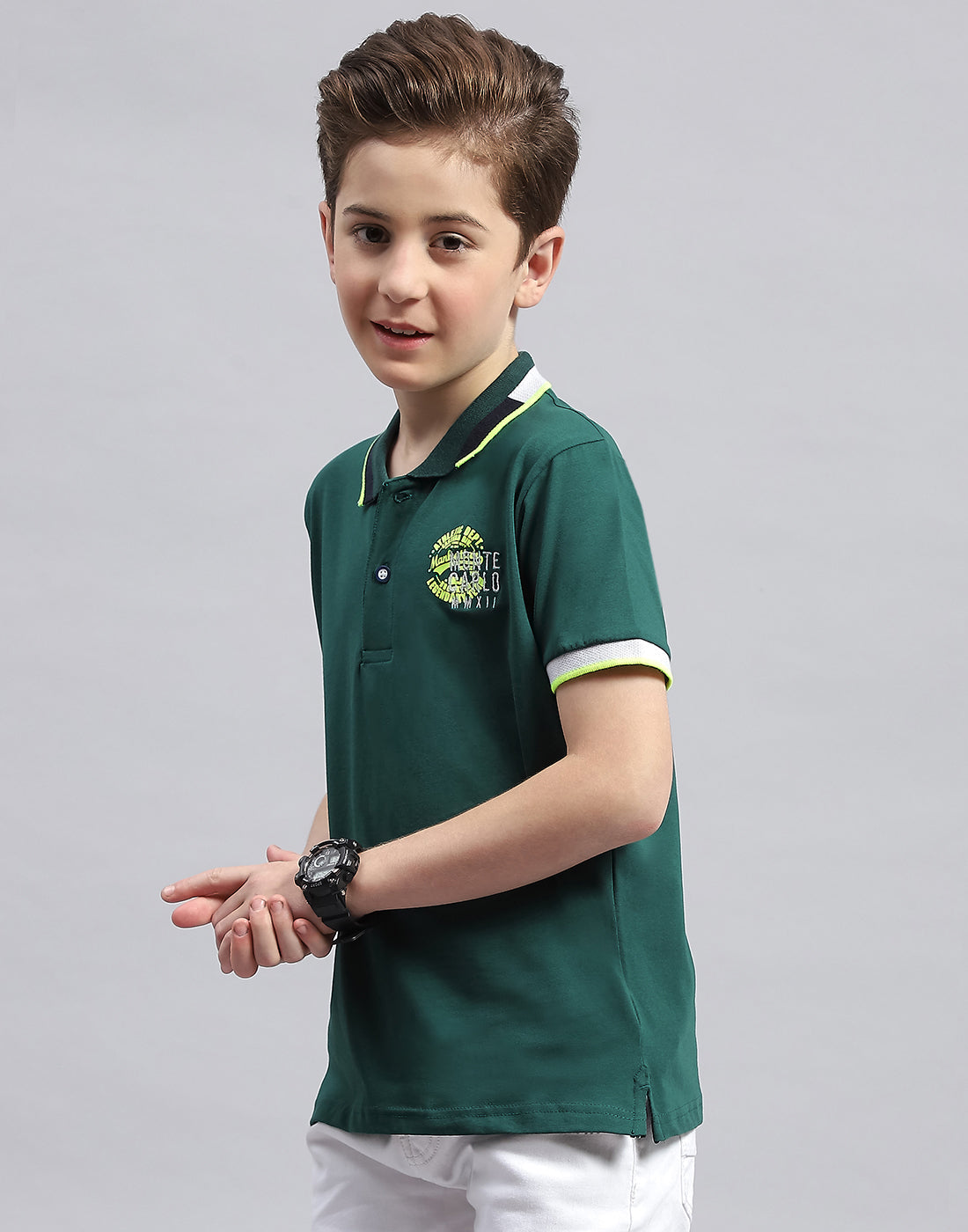 Boys Green Printed Polo Collar Half Sleeve T-Shirt