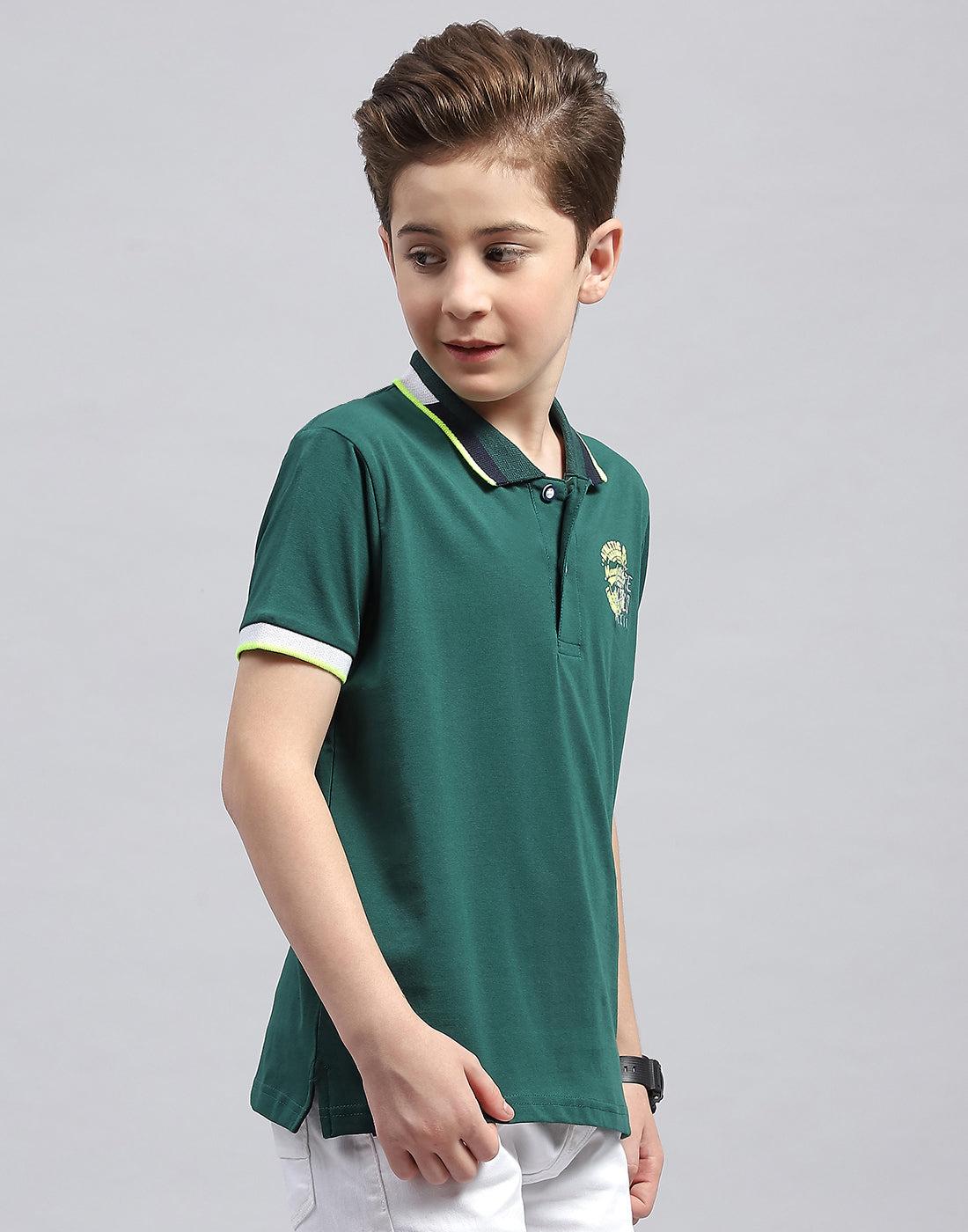 Boys Green Printed Polo Collar Half Sleeve T-Shirt