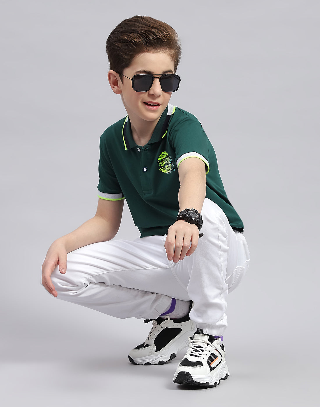 Boys Green Printed Polo Collar Half Sleeve T-Shirt