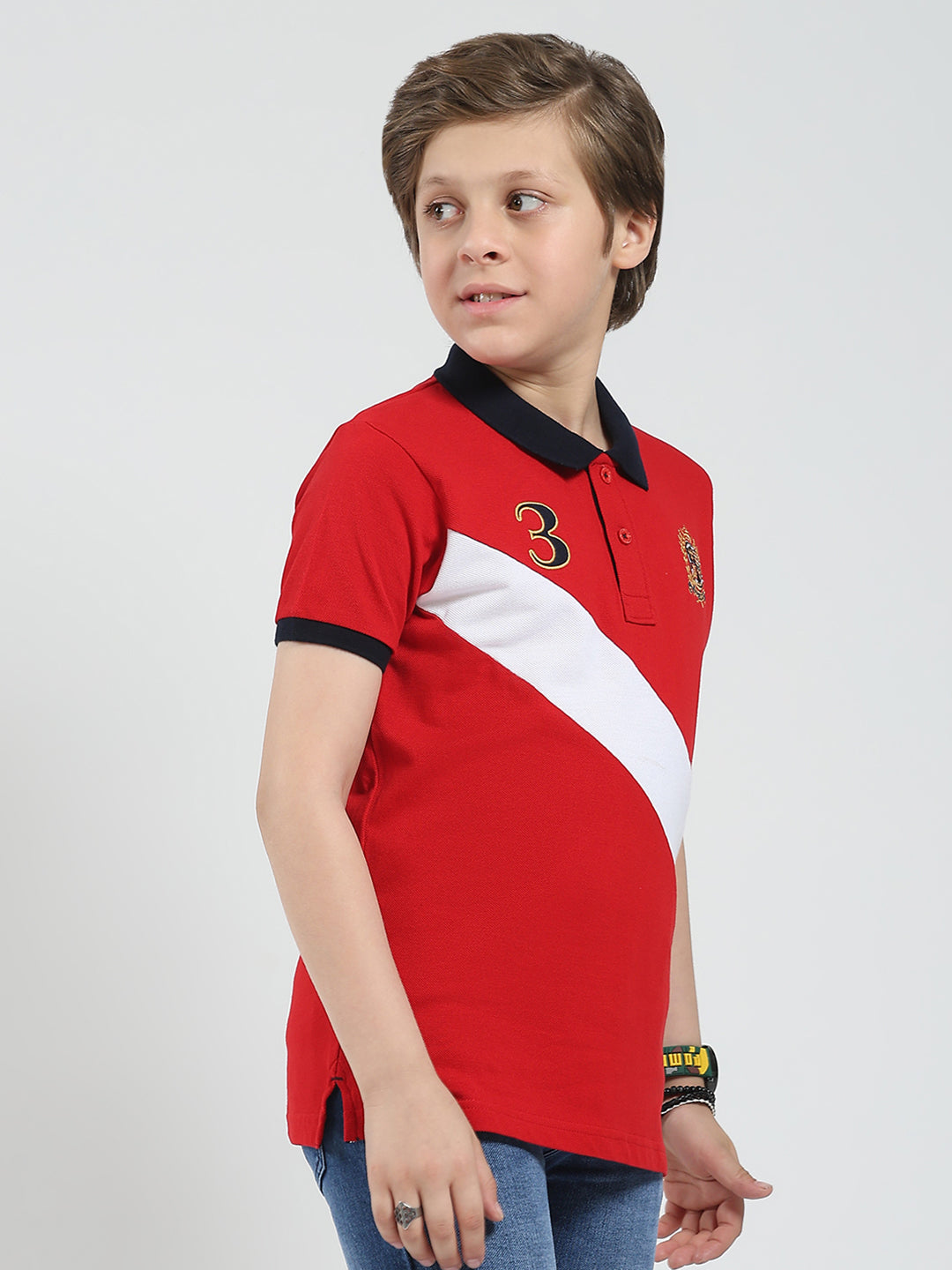 Boys Red Printed Collar Half Sleeve T-Shirt