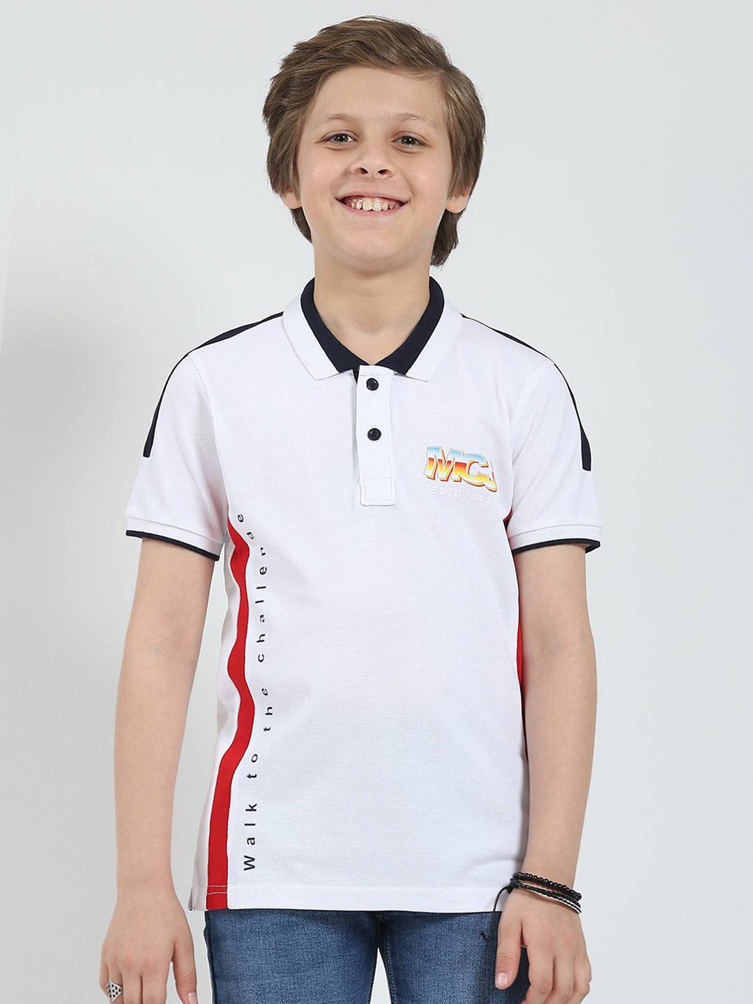 Boys White Printed Collar Half Sleeve T-Shirt