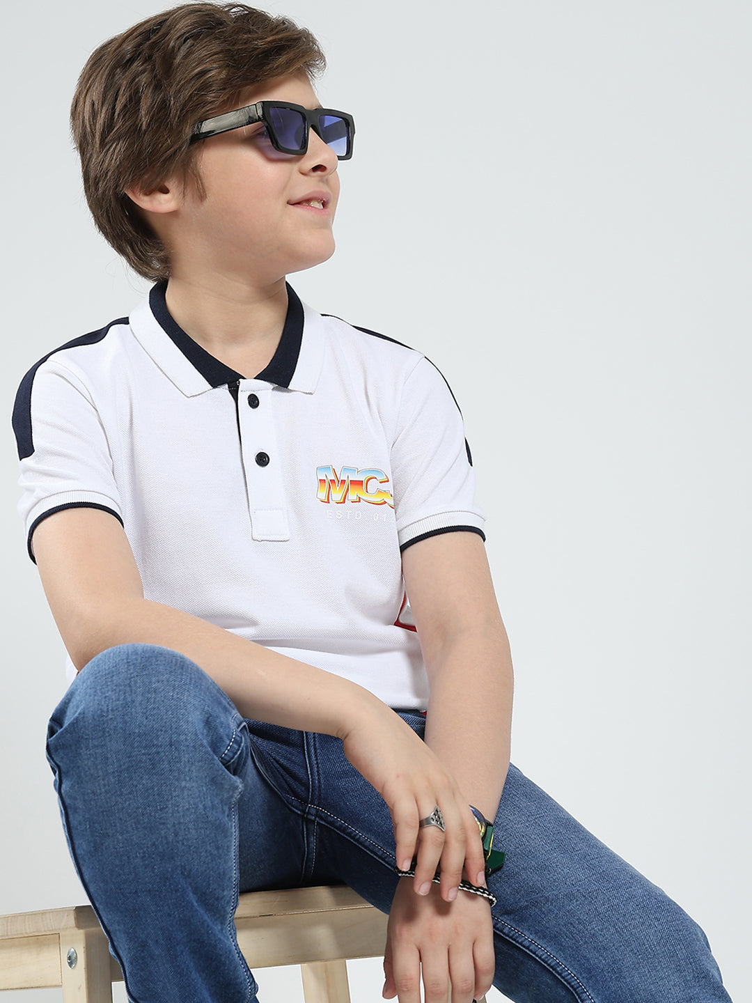 Boys White Printed Collar Half Sleeve T-Shirt