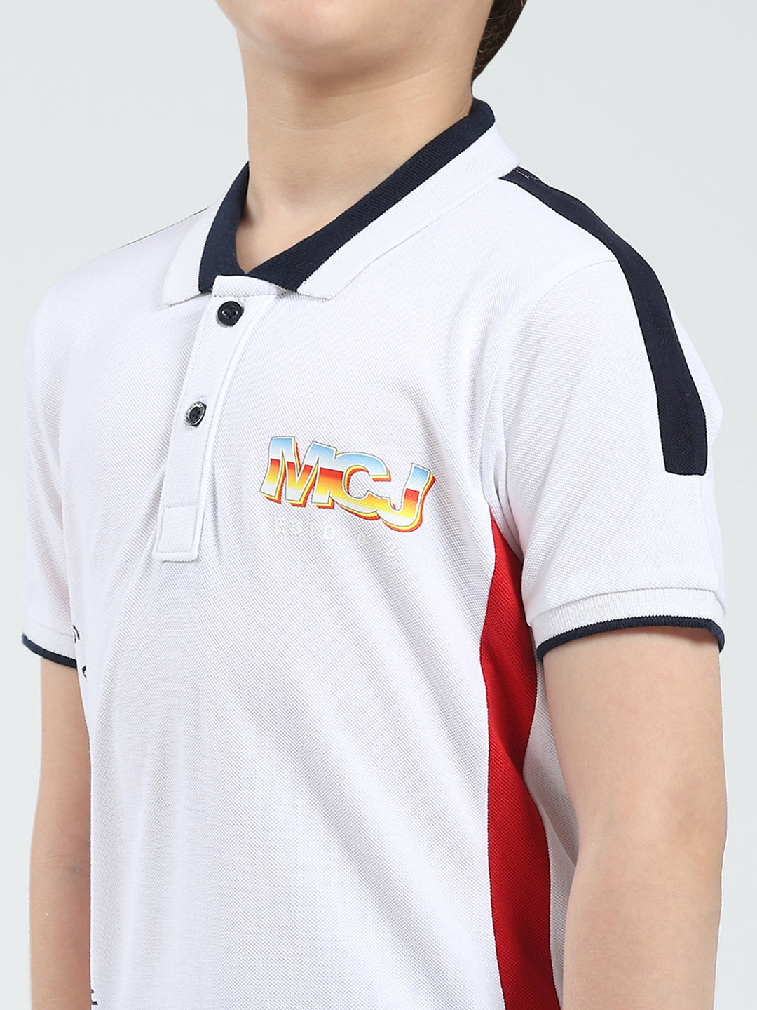 Boys White Printed Collar Half Sleeve T-Shirt