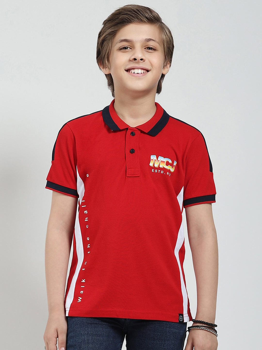 Boys Red Printed Collar Half Sleeve T-Shirt