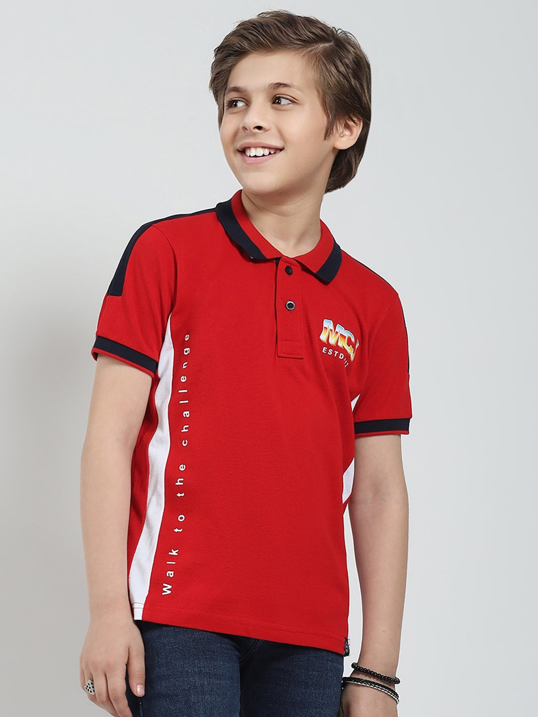 Boys Red Printed Collar Half Sleeve T-Shirt