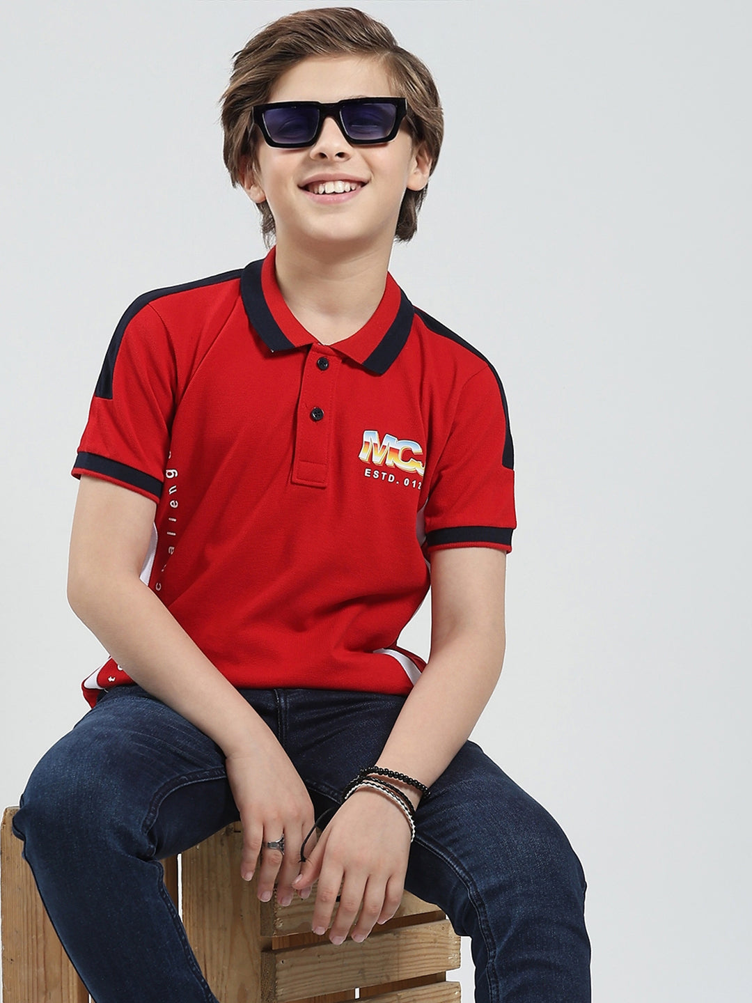 Boys Red Printed Collar Half Sleeve T-Shirt
