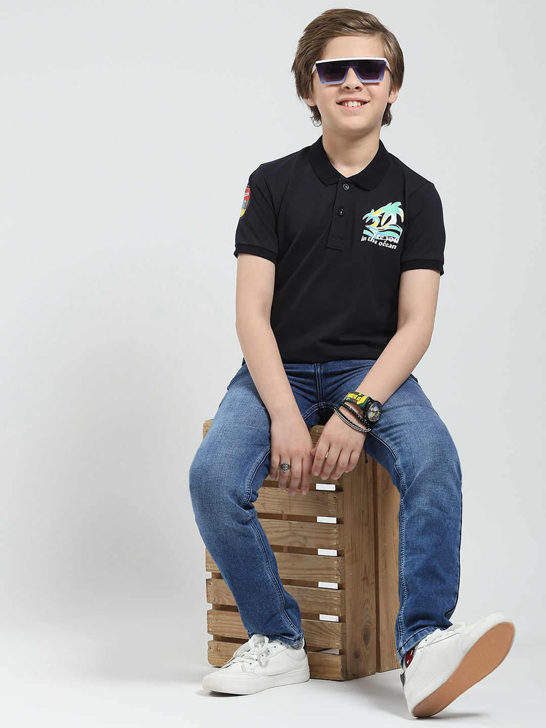 Boys Navy Blue Printed Collar Half Sleeve T-Shirt