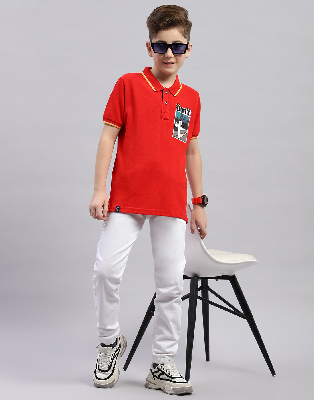 Boys Red Printed Polo Collar Half Sleeve T-Shirt