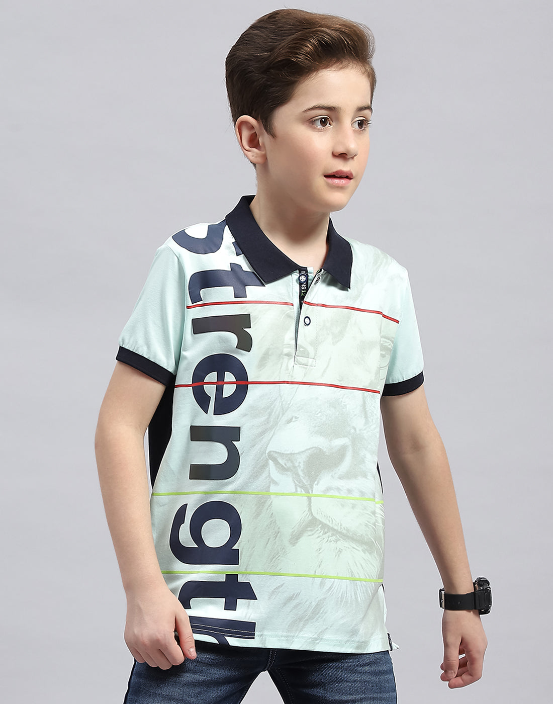 Boys Blue Printed Polo Collar Half Sleeve T-Shirt