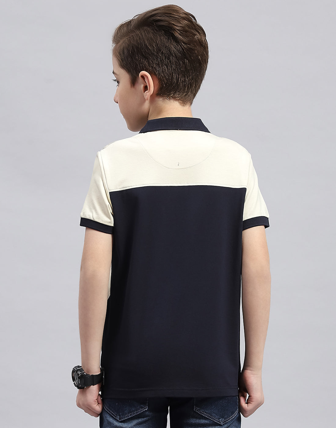 Boys Cream Printed Polo Collar Half Sleeve T-Shirt