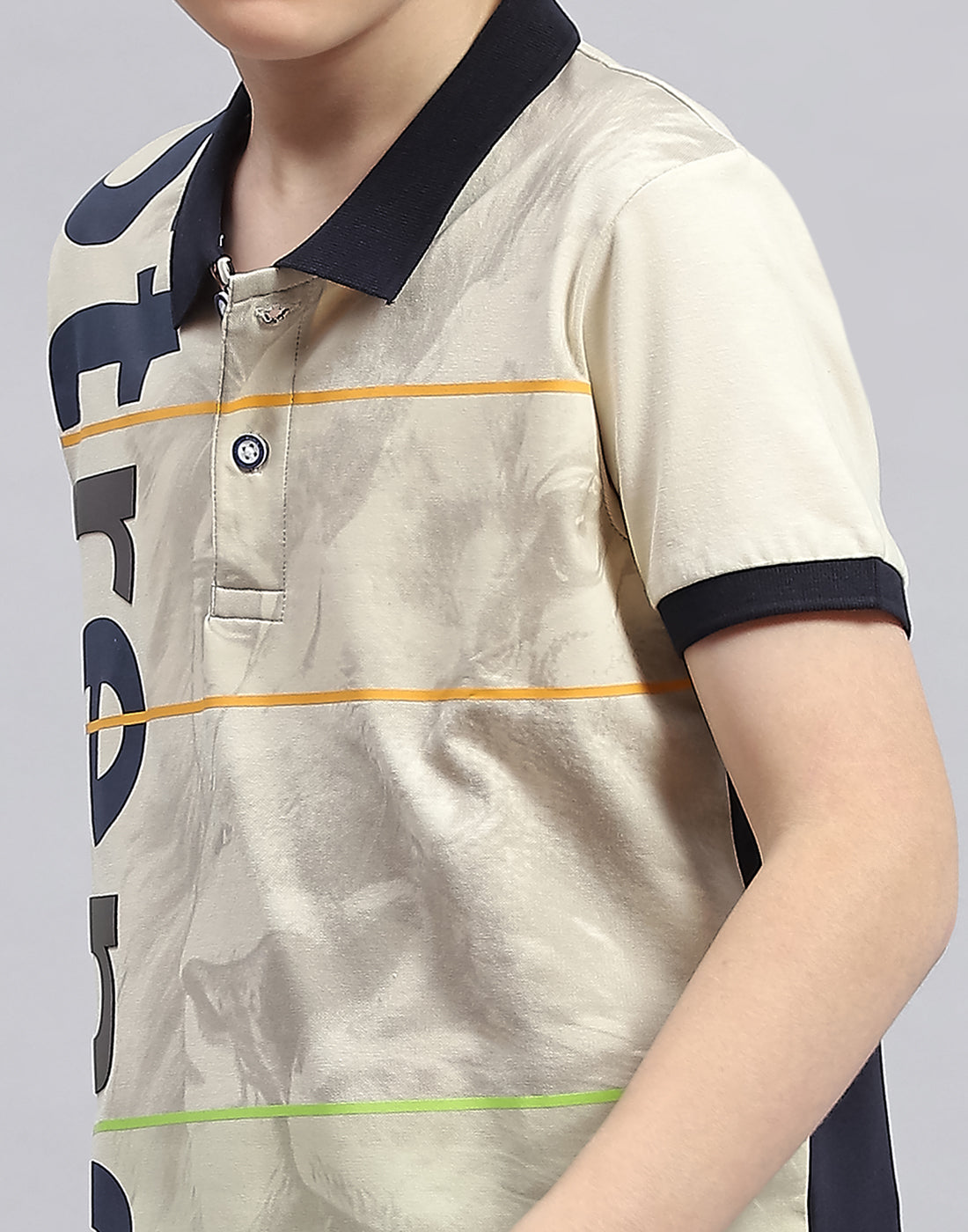 Boys Cream Printed Polo Collar Half Sleeve T-Shirt