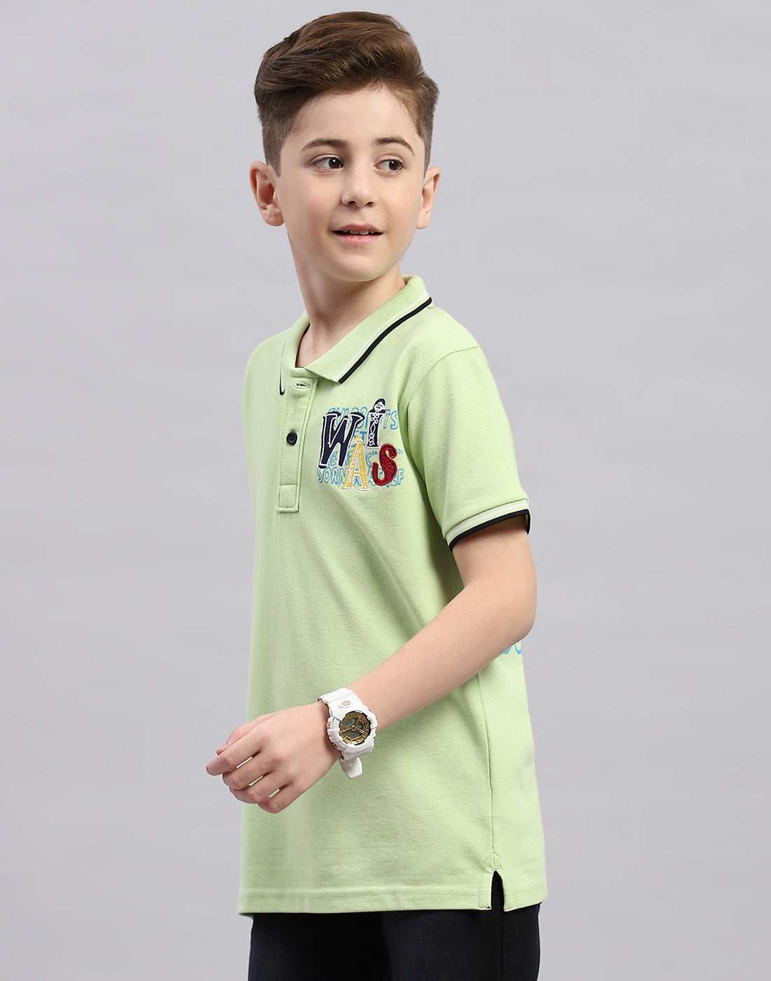 Boys Green Printed Polo Collar Half Sleeve T-Shirt