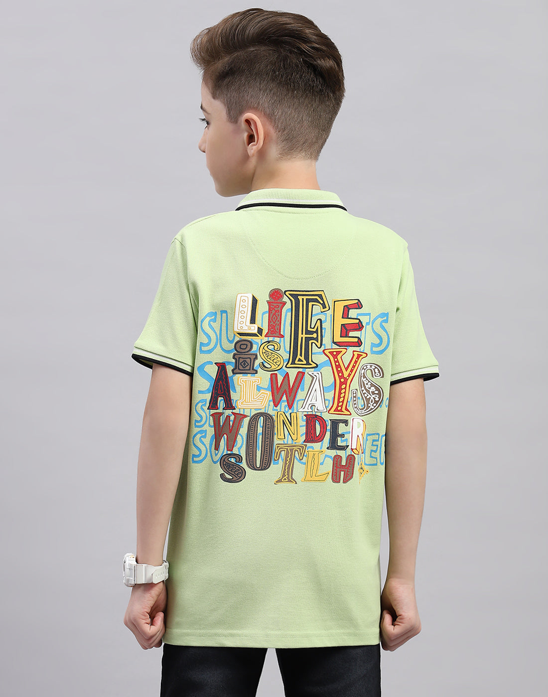 Boys Green Printed Polo Collar Half Sleeve T-Shirt