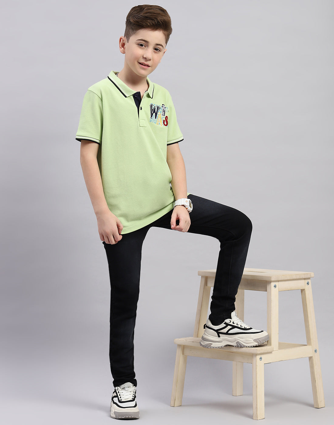 Boys Green Printed Polo Collar Half Sleeve T-Shirt