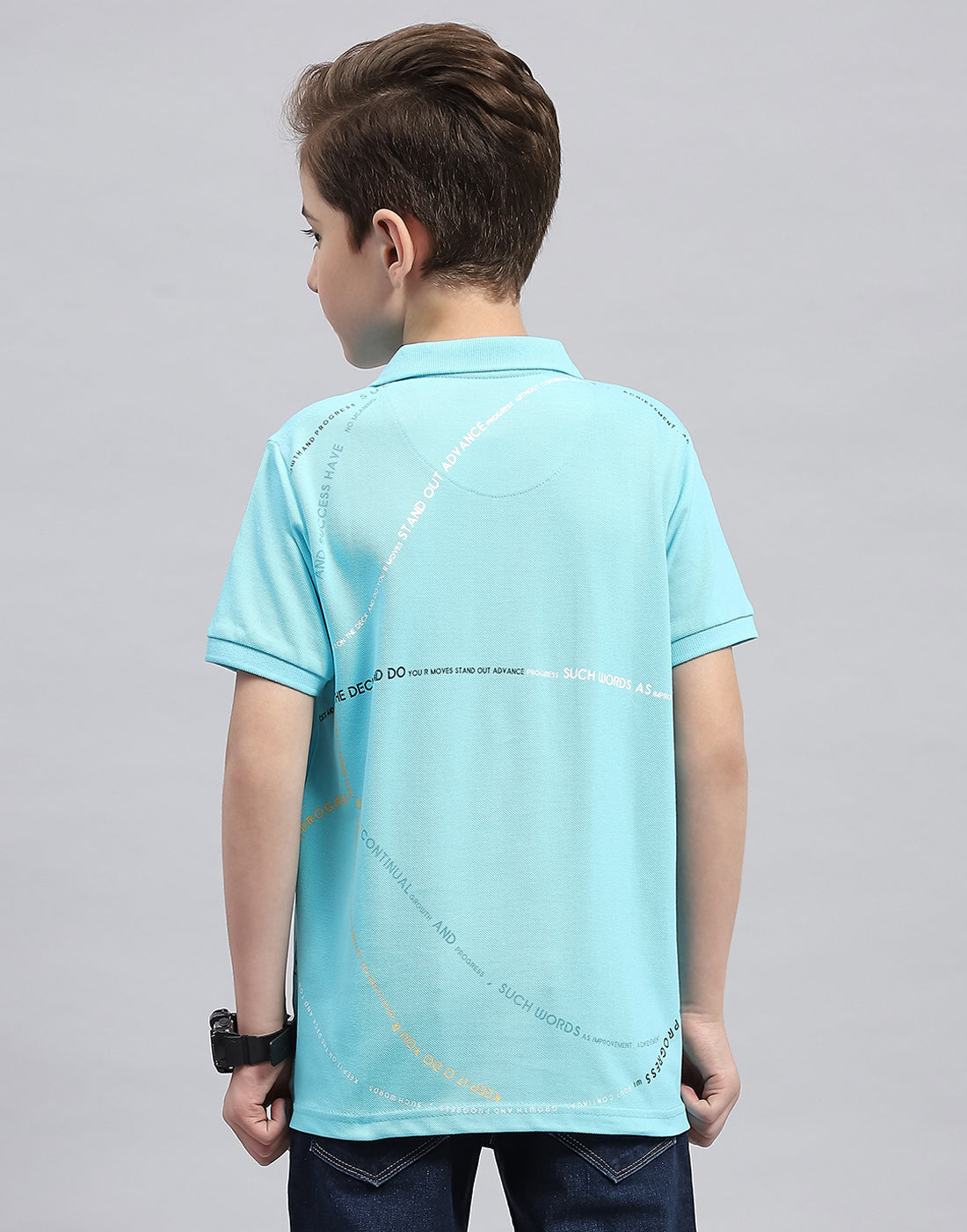Boys Aqua Blue Printed Polo Collar Half Sleeve T-Shirt