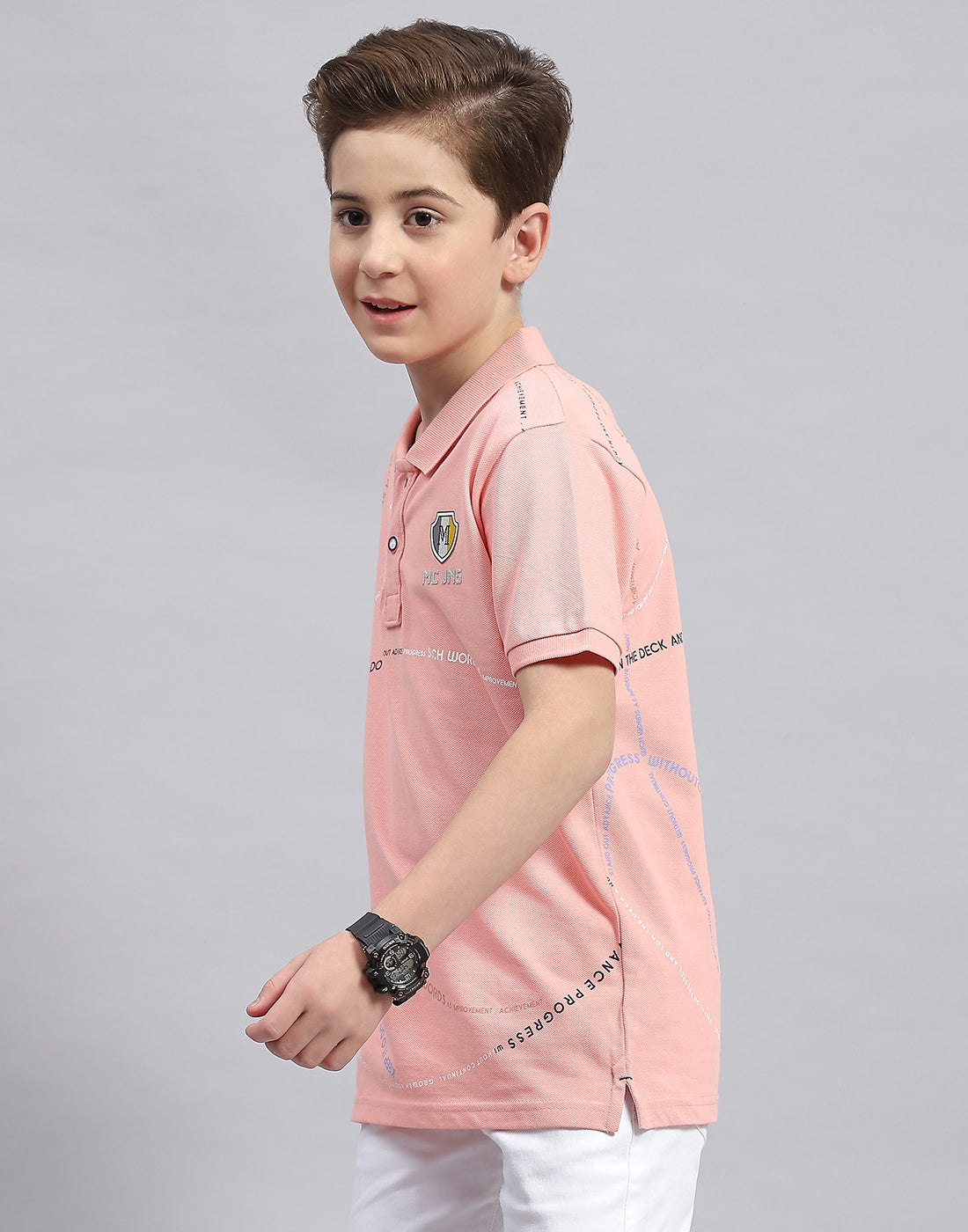 Boys Pink Printed Polo Collar Half Sleeve T-Shirt