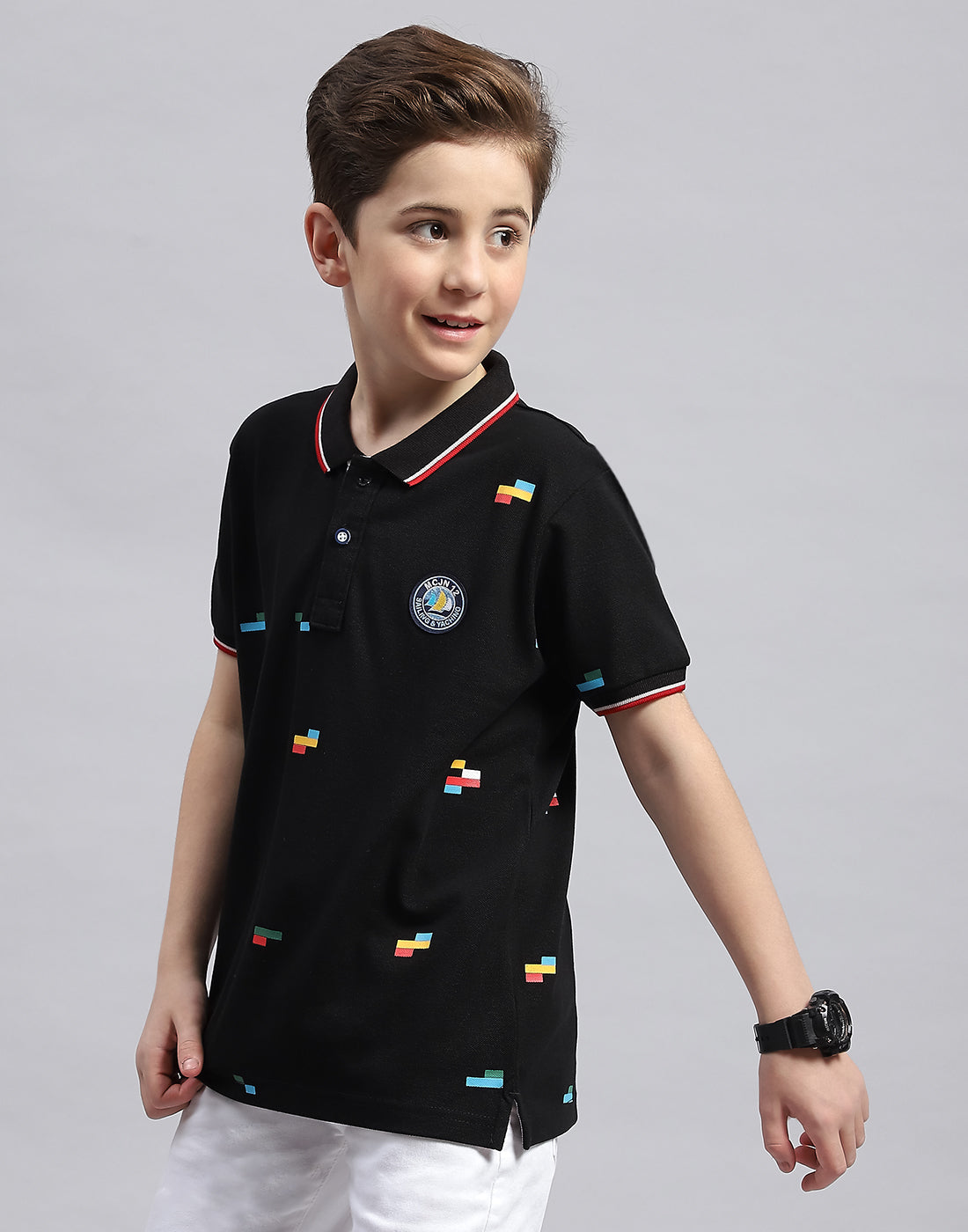 Boys Black Printed Polo Collar Half Sleeve T-Shirt