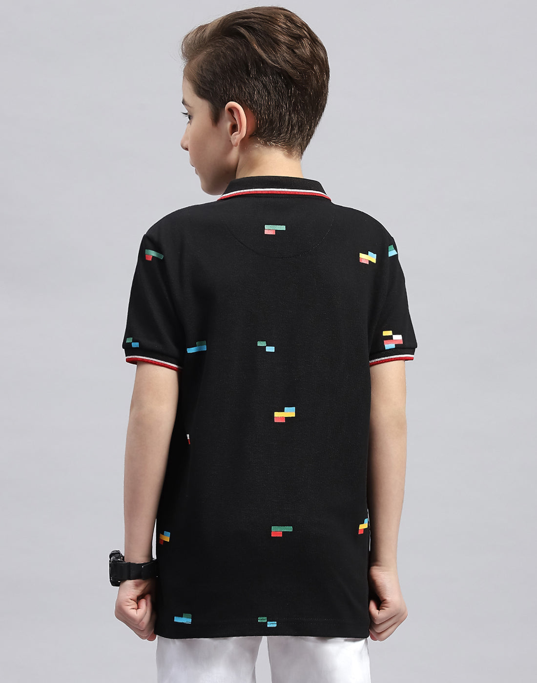 Boys Black Printed Polo Collar Half Sleeve T-Shirt