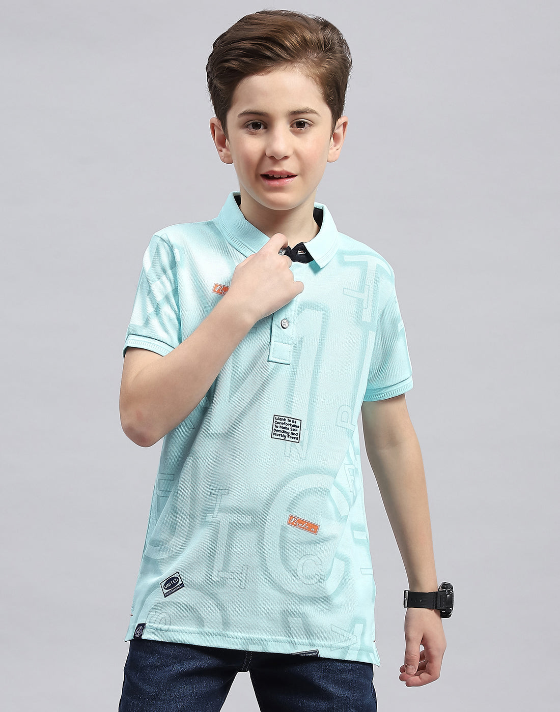 Boys Aqua Blue Printed Polo Collar Half Sleeve T-Shirt