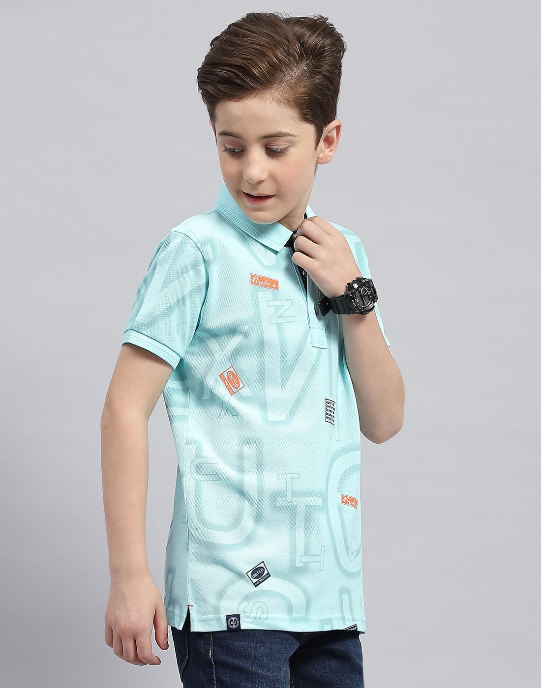Boys Aqua Blue Printed Polo Collar Half Sleeve T-Shirt