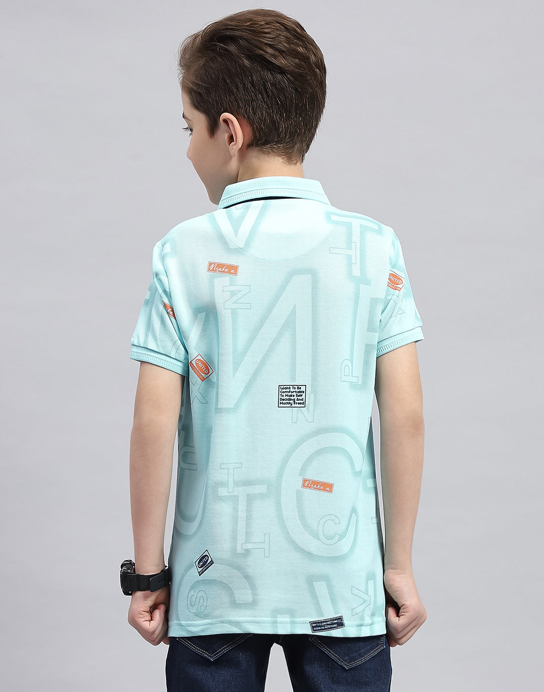 Boys Aqua Blue Printed Polo Collar Half Sleeve T-Shirt