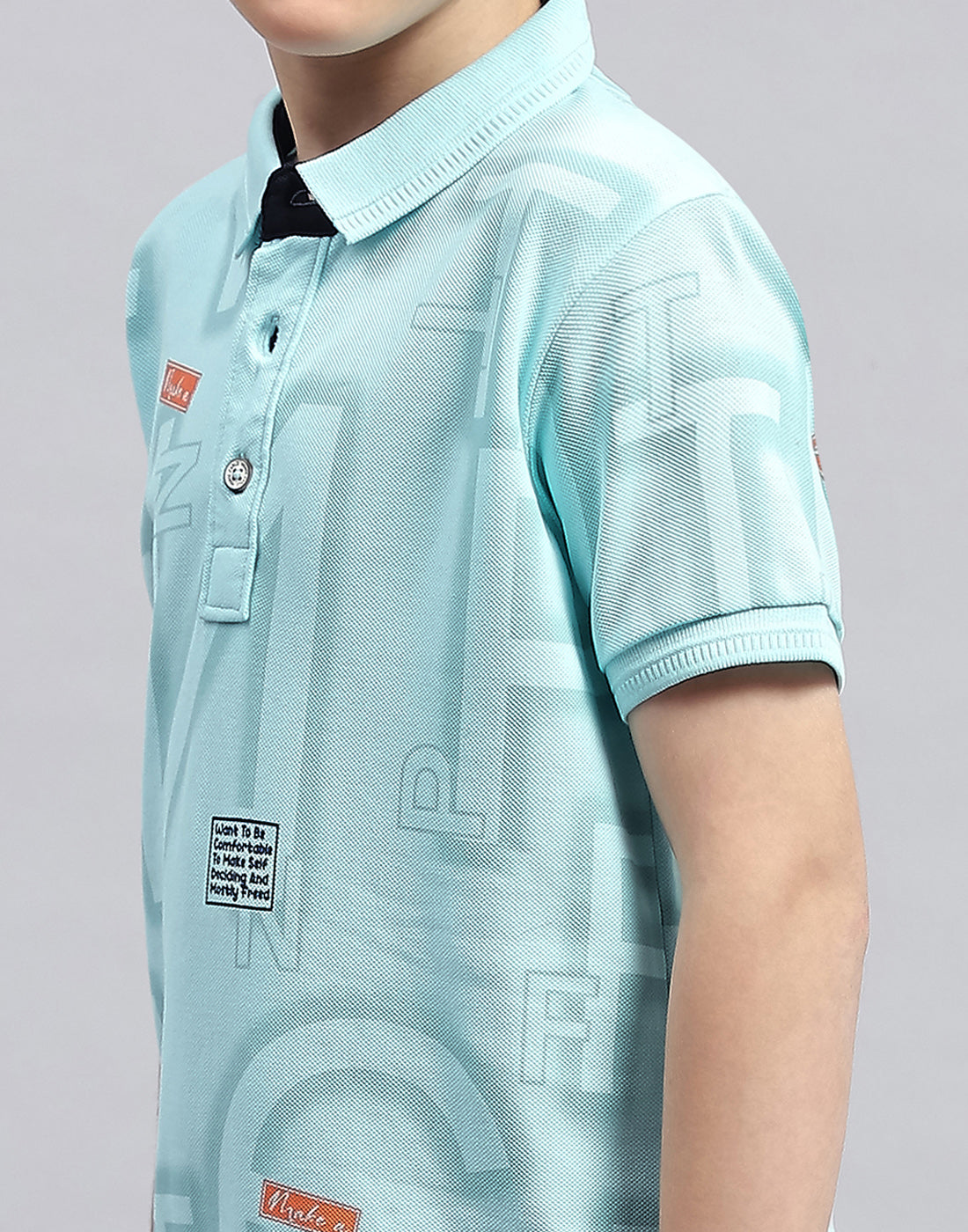 Boys Aqua Blue Printed Polo Collar Half Sleeve T-Shirt