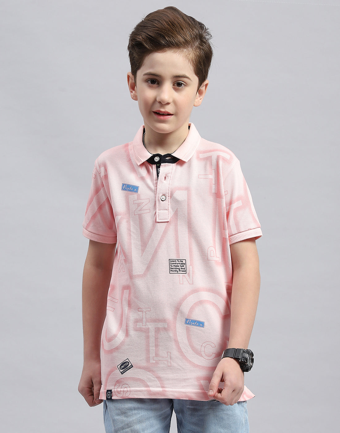 Boys Pink Printed Polo Collar Half Sleeve T-Shirt