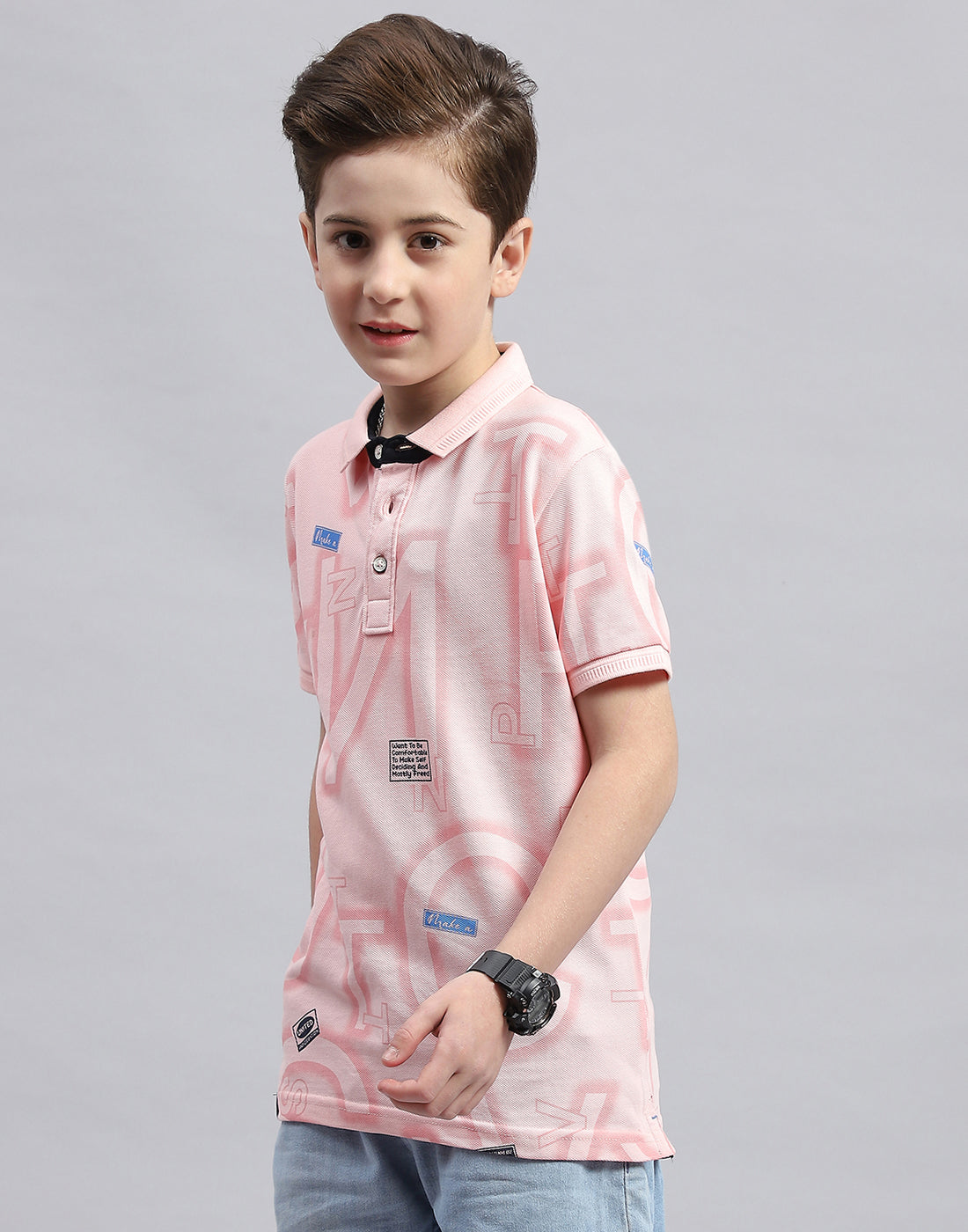 Boys Pink Printed Polo Collar Half Sleeve T-Shirt