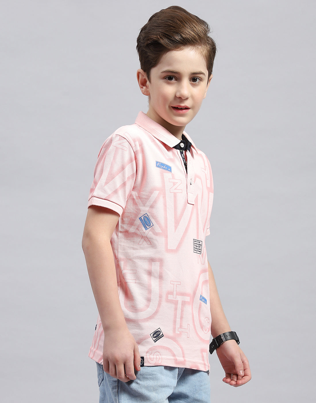 Boys Pink Printed Polo Collar Half Sleeve T-Shirt