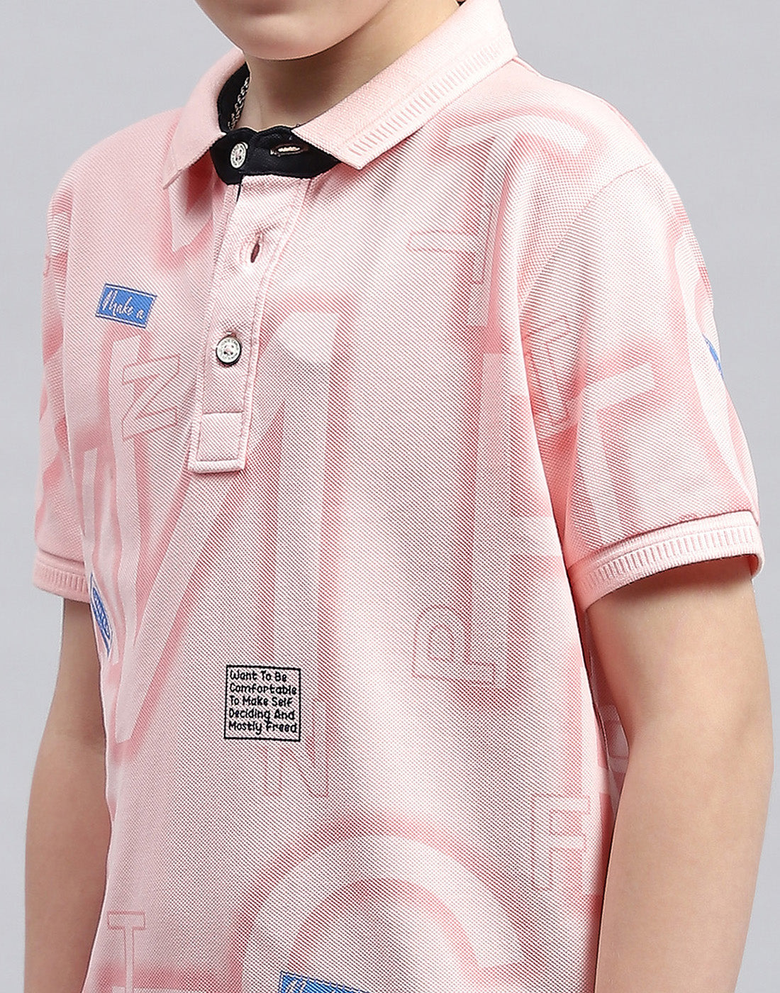 Boys Pink Printed Polo Collar Half Sleeve T-Shirt