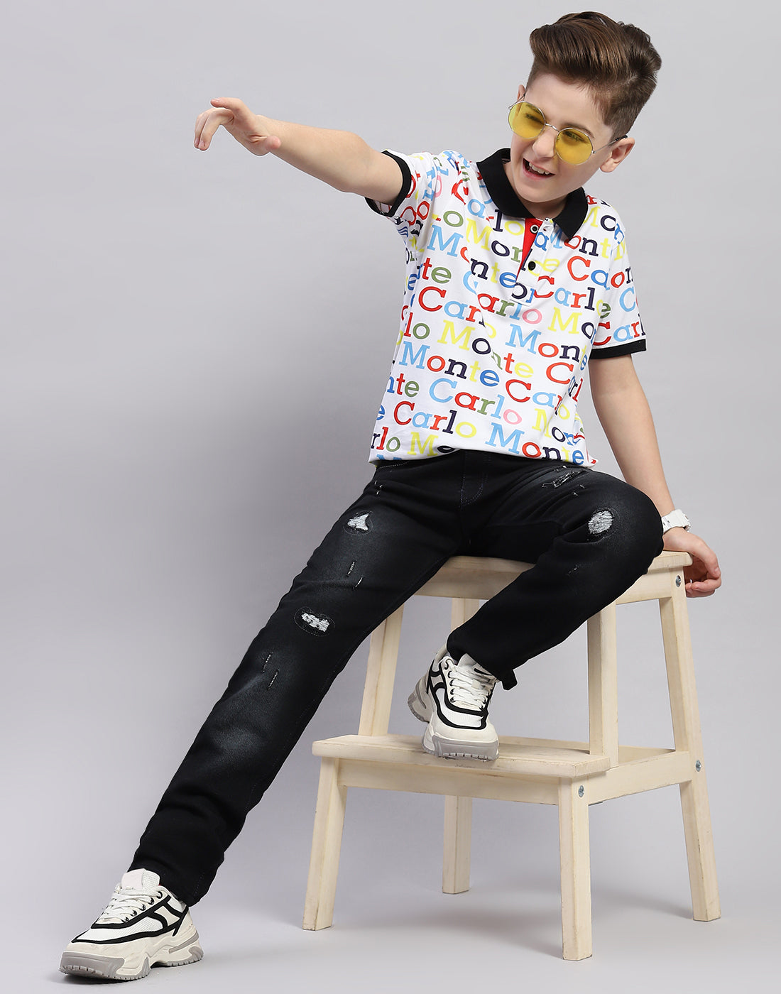 Boys White Printed Polo Collar Half Sleeve T-Shirt