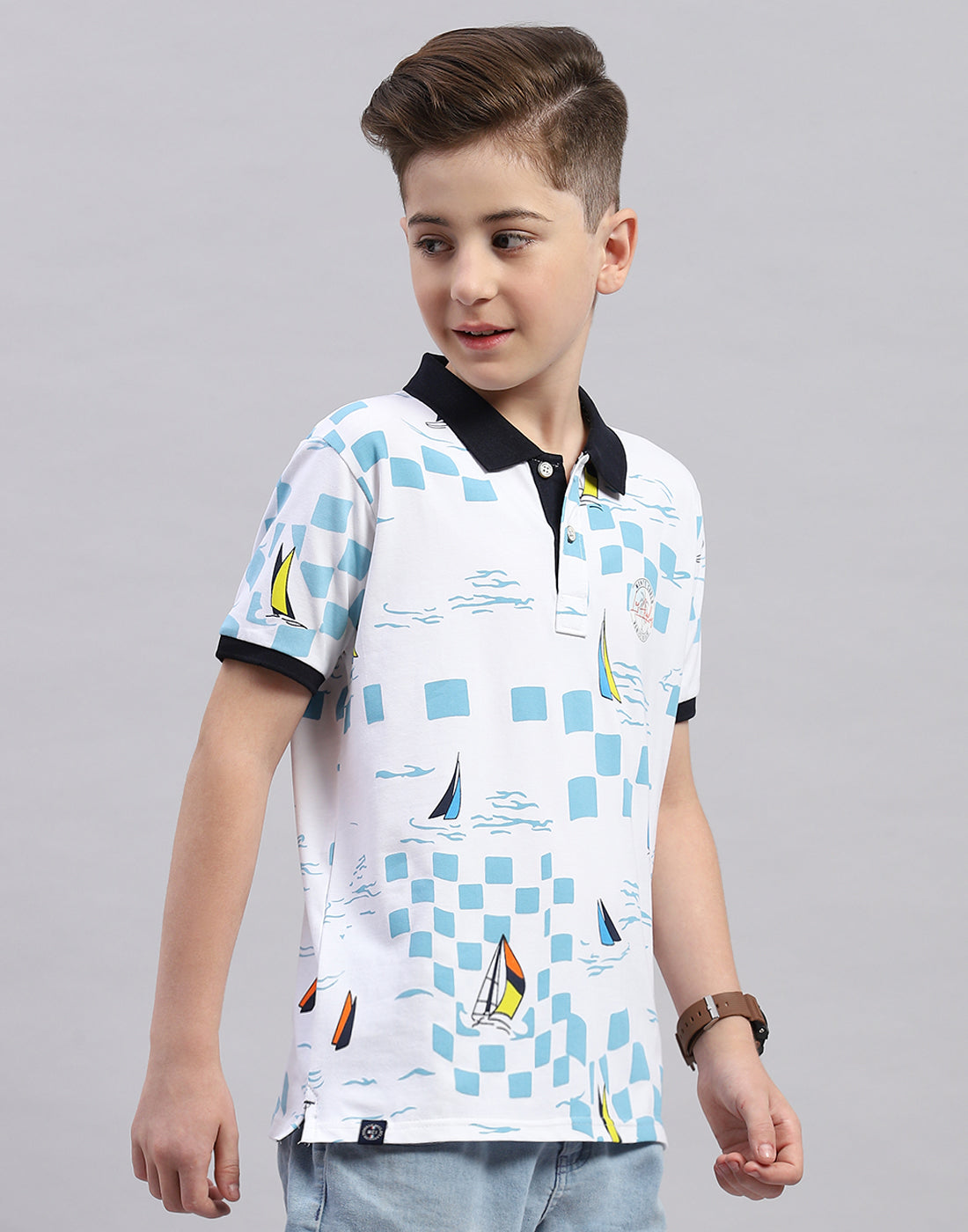 Boys White Printed Polo Collar Half Sleeve T-Shirt