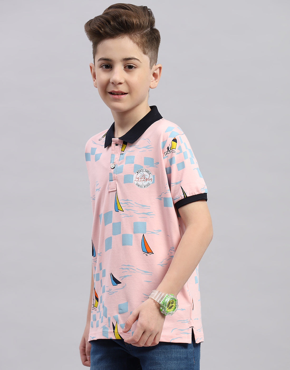 Boys Pink Printed Polo Collar Half Sleeve T-Shirt