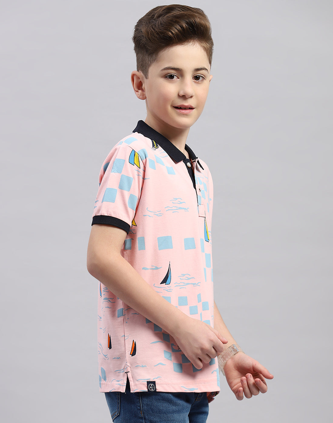 Boys Pink Printed Polo Collar Half Sleeve T-Shirt